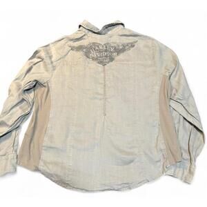 Harley Davidson Women's 1W Plus Size 1/4 Button Down Collared Shirt Ramie Fabric